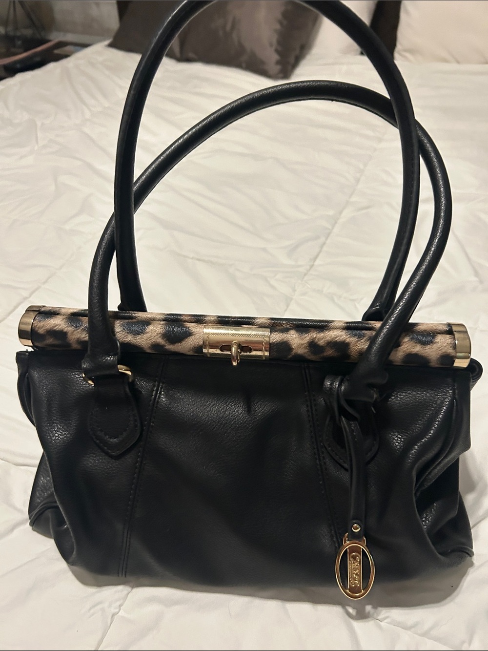 Carlos by Carlos Santana Black Leather Shoulder Bag with Leopard Accent